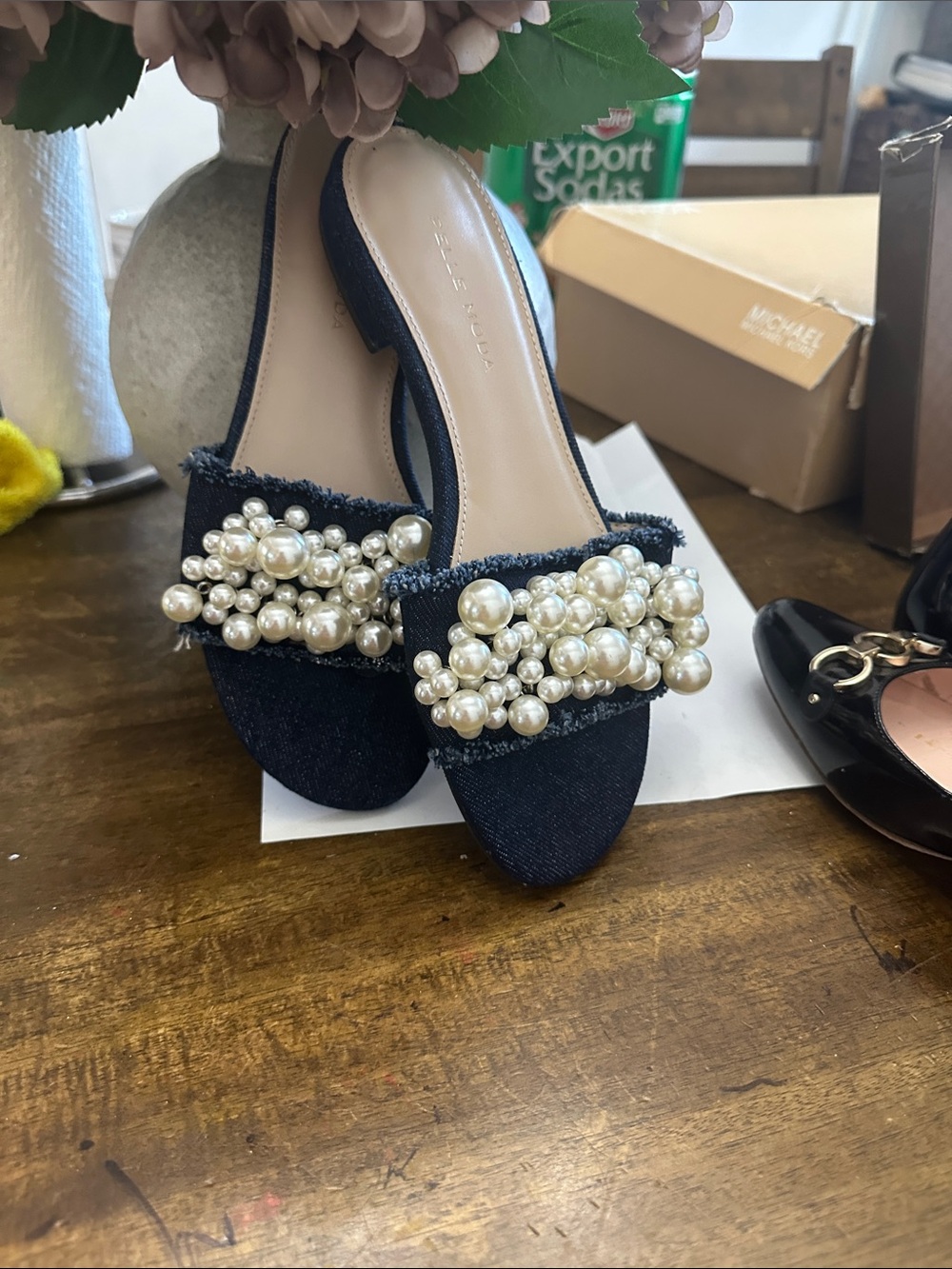 Pelle Moda Navy Pearl-Embellished Denim Slide Mules